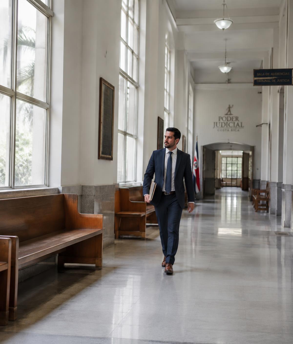 Abogado caminando por un pasillo de tribunales